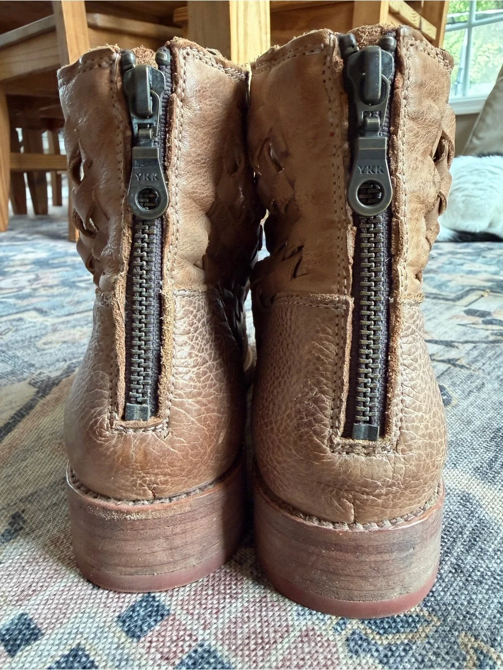Bed Stu Loretta Boots Women's 7 Tan Brown leather Woven Cap Toe Lace Up Booties